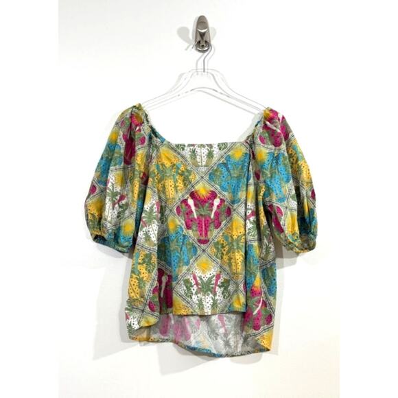 Loft Puff Sleeve Square Neck Tropical Print Blouse Size Medium - Picture 2 of 7
